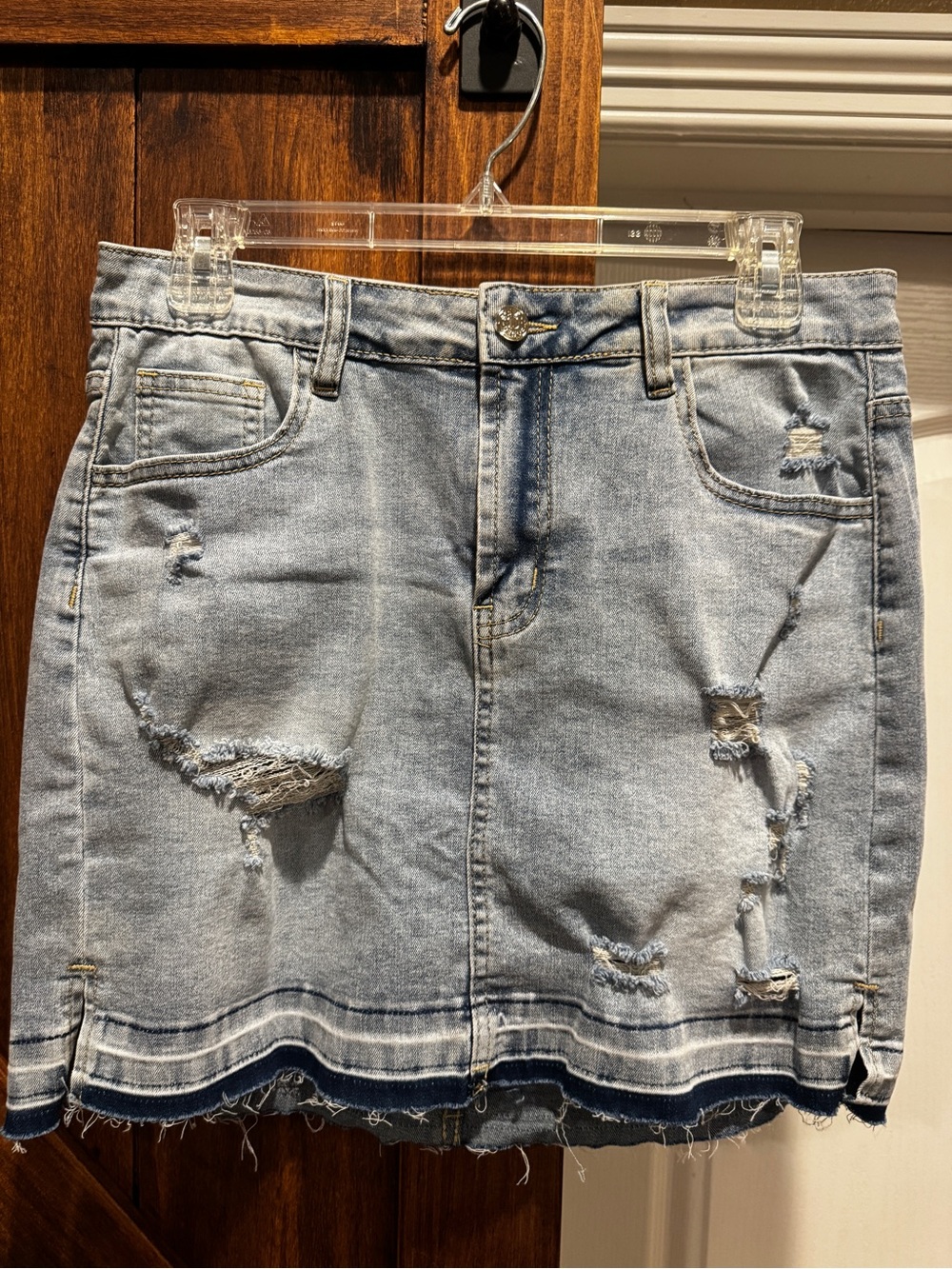 Light Blue Distressed Denim Mini Skirt - Casual Everyday Style